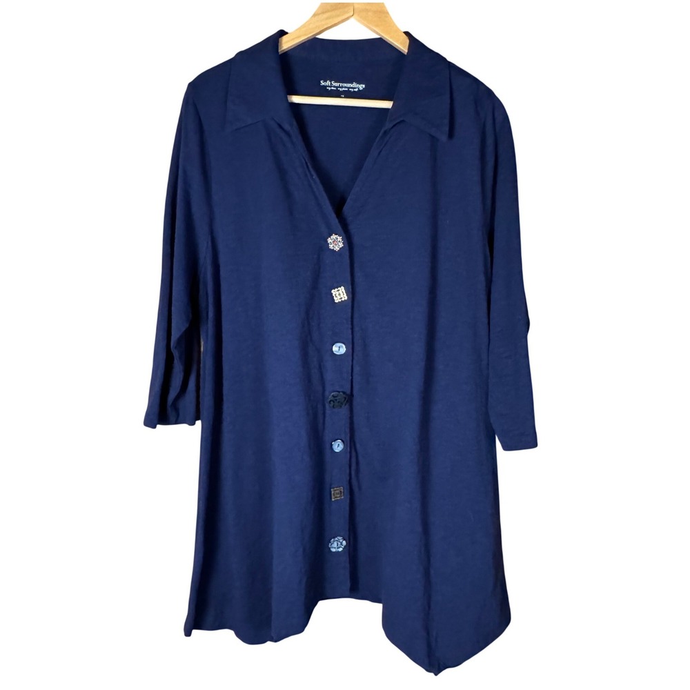 Soft Surroundings Jersey Knit Tunic Navy Unique Button Detail 1S